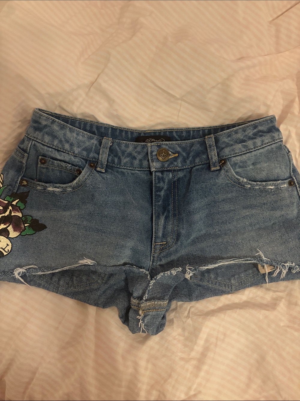 Ed Hardy Blue Denim Shorts with White Logo and Colorful Patch - Picture 5 of 6